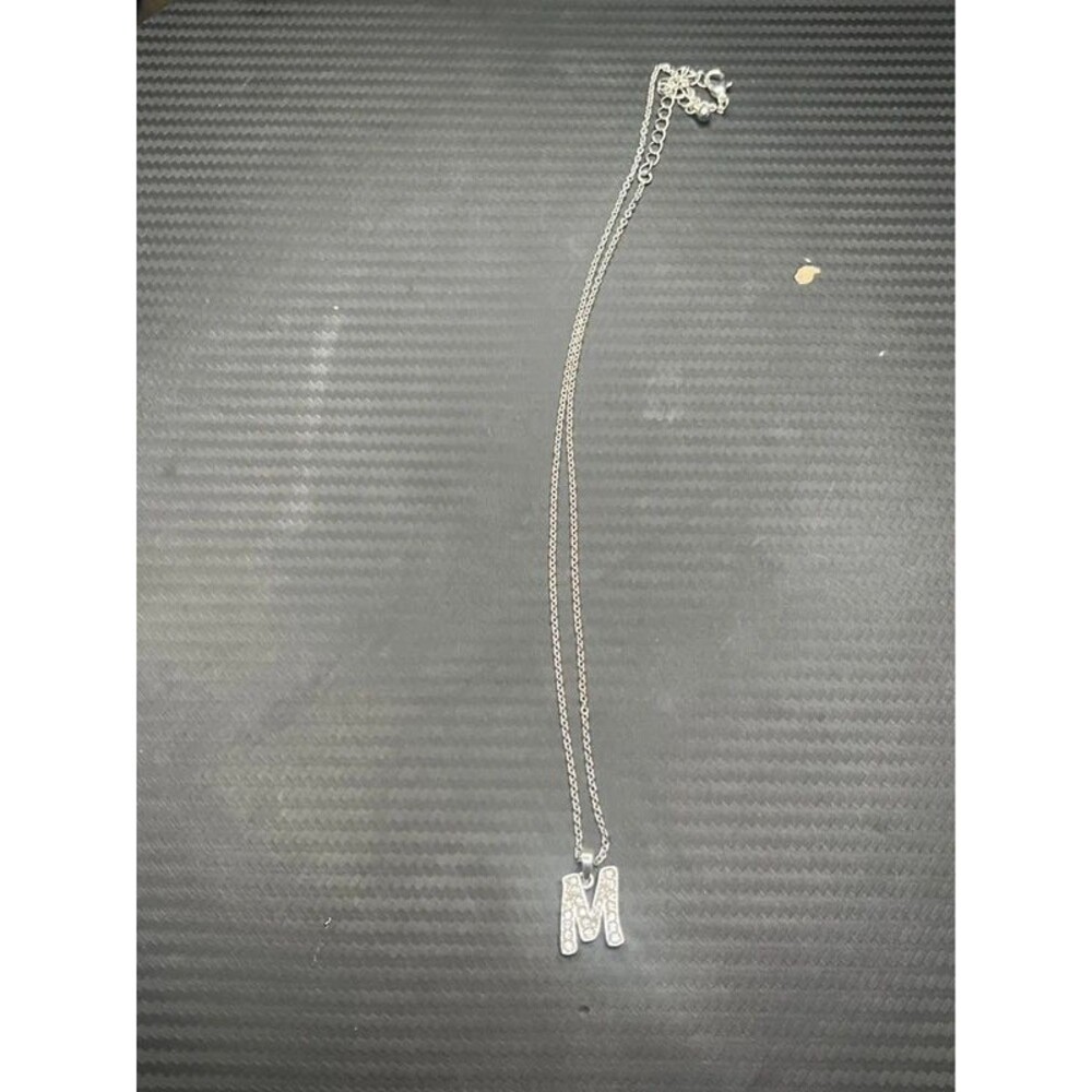 Letter M Initial Pendant Necklace Silver Tone Clear Rhinestone Pave Monogram Jew